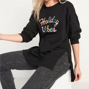 Old Navy Black embroidered Colorful Holiday Vibes tunic sweatshirt size S NWT